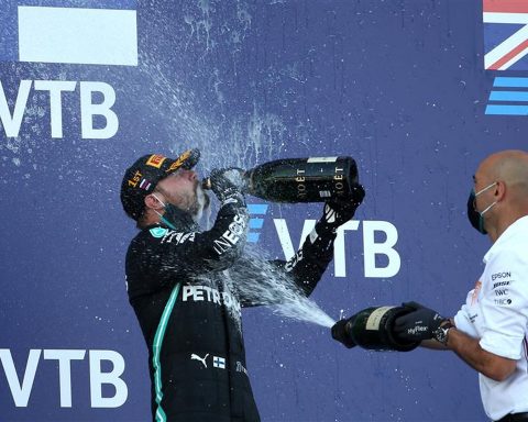 Dominique Riefstahl and Valtteri Bottas after winning 2020 Russian GP - Formula1News.co.uk