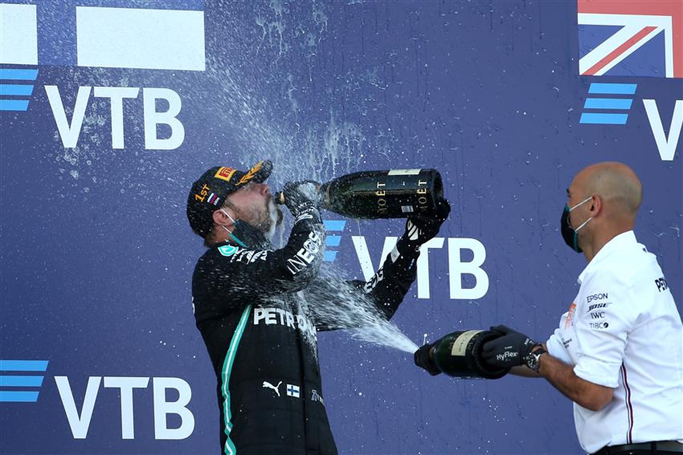 Dominique Riefstahl and Valtteri Bottas after winning 2020 Russian GP - Formula1News.co.uk