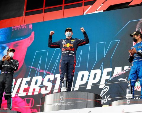 Max Verstappen and Lewis Hamilton on the podium at Imola - Formula1news.co.uk