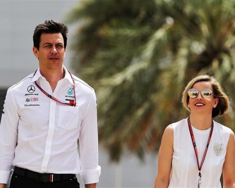 Toto Wolff and Susie Wolff in the F1 paddock.v1