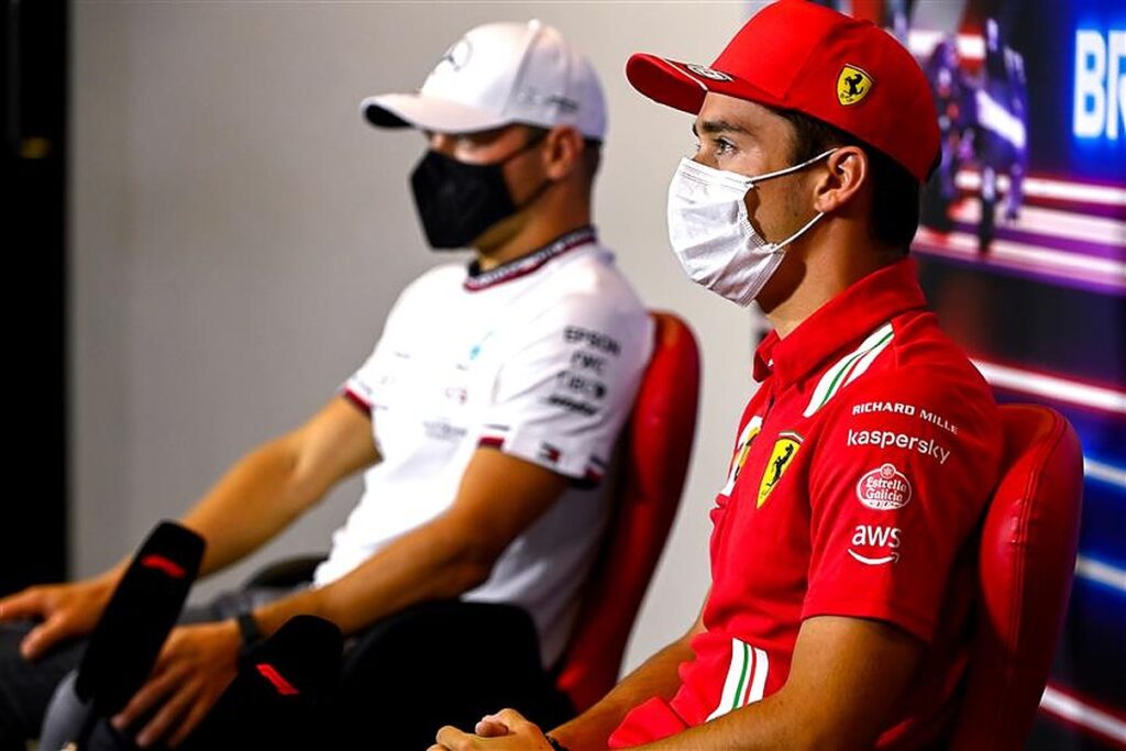 Ferrari driver Charles Leclerc and Mercedes racer Valtteri Bottas in an FIA presser.v1