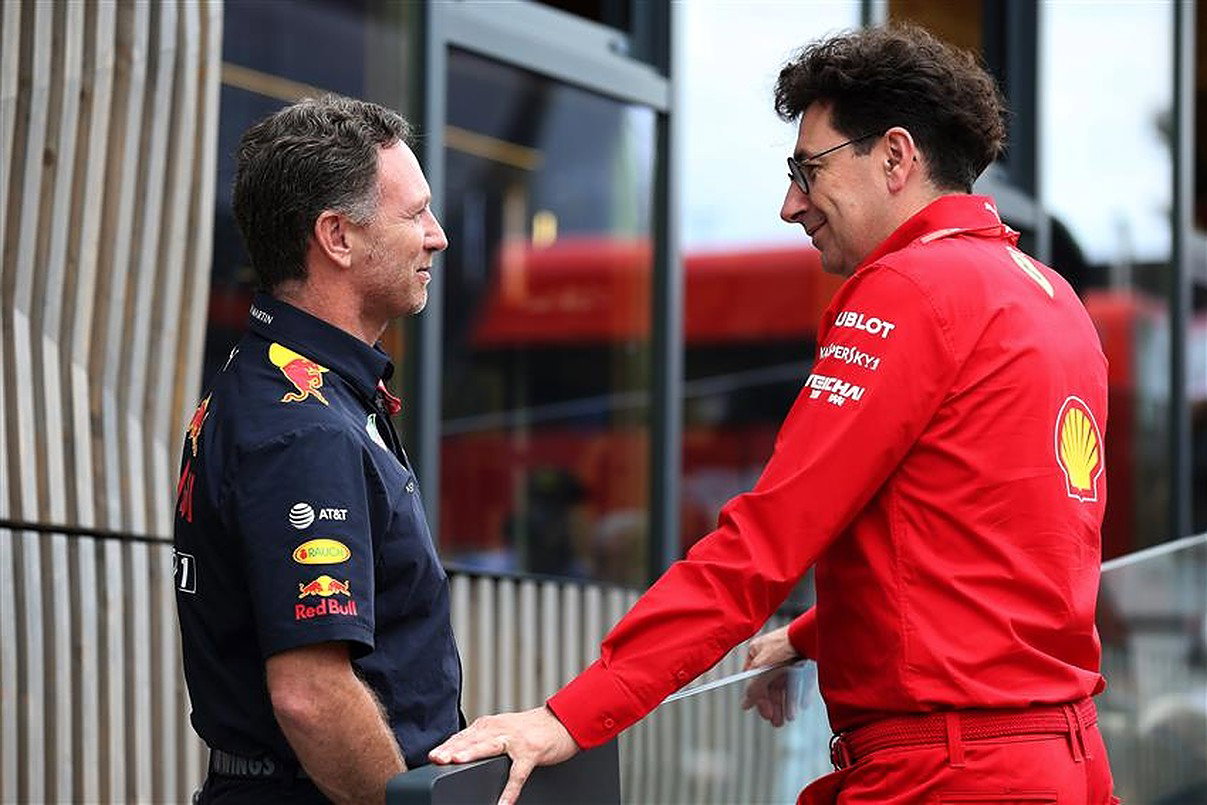 Ferrari boss Mattia Binotto and Christian Horner in 2019.v1