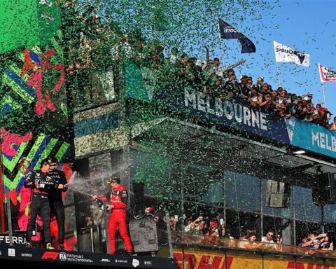 Charles Leclerc and George Russell on the podium at 2022 Australian GP.v1