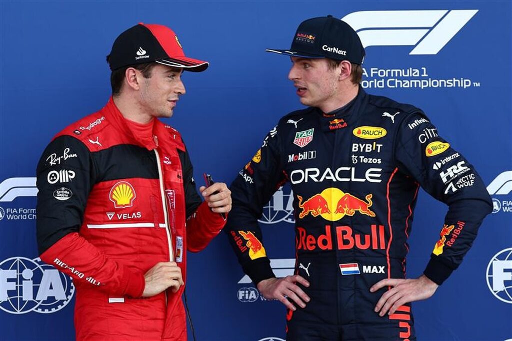 Pole sitter Charles Leclerc (MON) Ferrari in qualifying parc ferme with third placed Max Verstappen (NLD) Red Bull Racing. Miami Grand Prix, Saturday 7th May 2022..v1